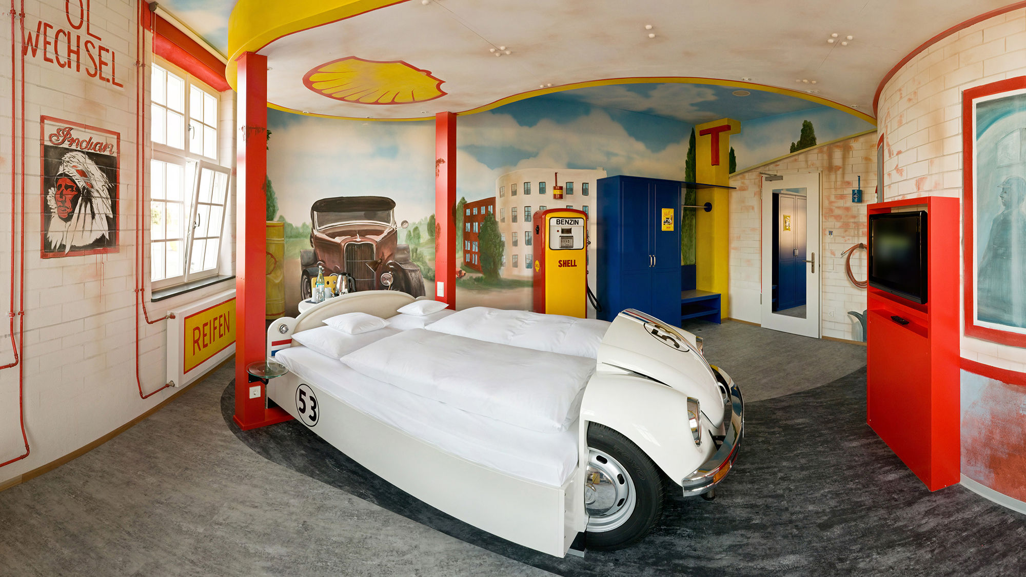 The gas station-themed room at the V8 Hotel in Stuttgart, Germany. A second property is scheduled to open by the end of the 2016.