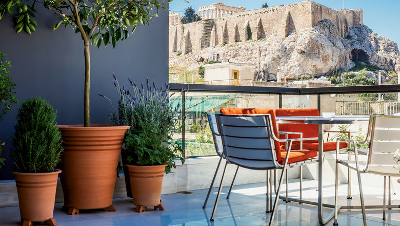 The balcony of the Hellenic Suite in the AthensWas Hotel has a view of the Acropolis.