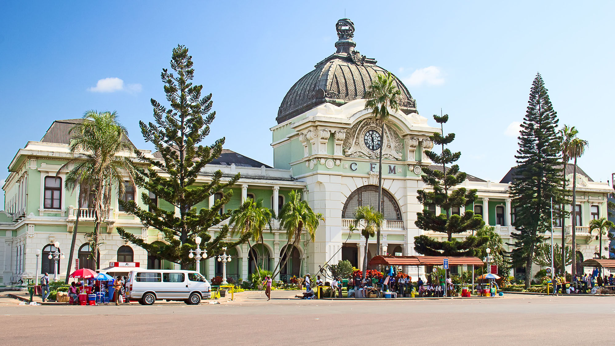 The CFM railway station and bus terminal in Maputo. The station is a historical landmark from the colonial period.