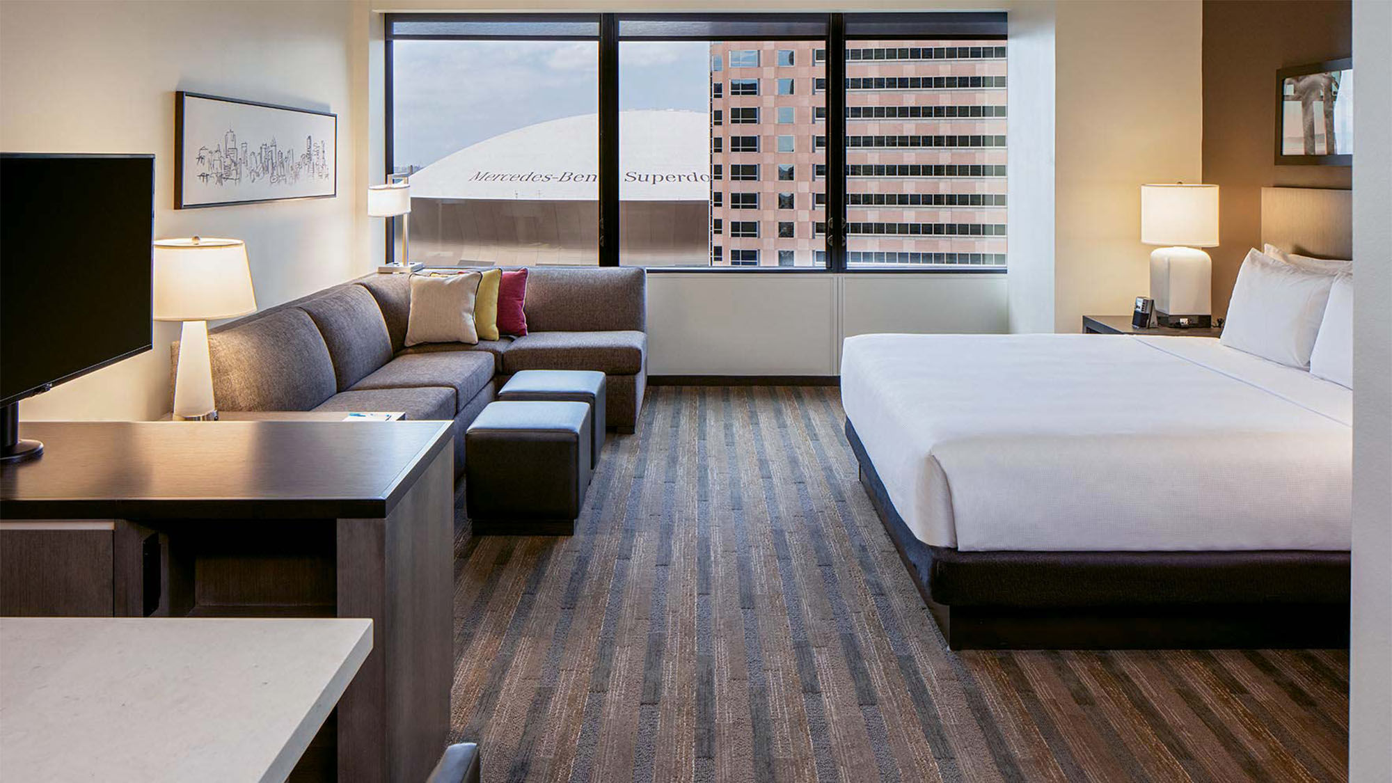 A studio king guestroom at the Hyatt House New Orleans.