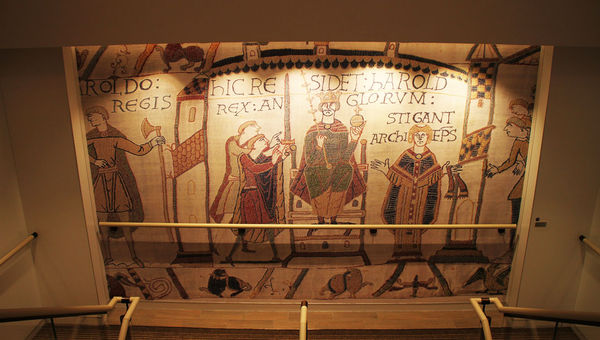 A reproduced segment of the Bayeux Tapestry decorating the stairwells aboard the Viking Sea. A reproduced segment of the Bayeux Tapestry decorating the stairwells aboard the Viking Sea.