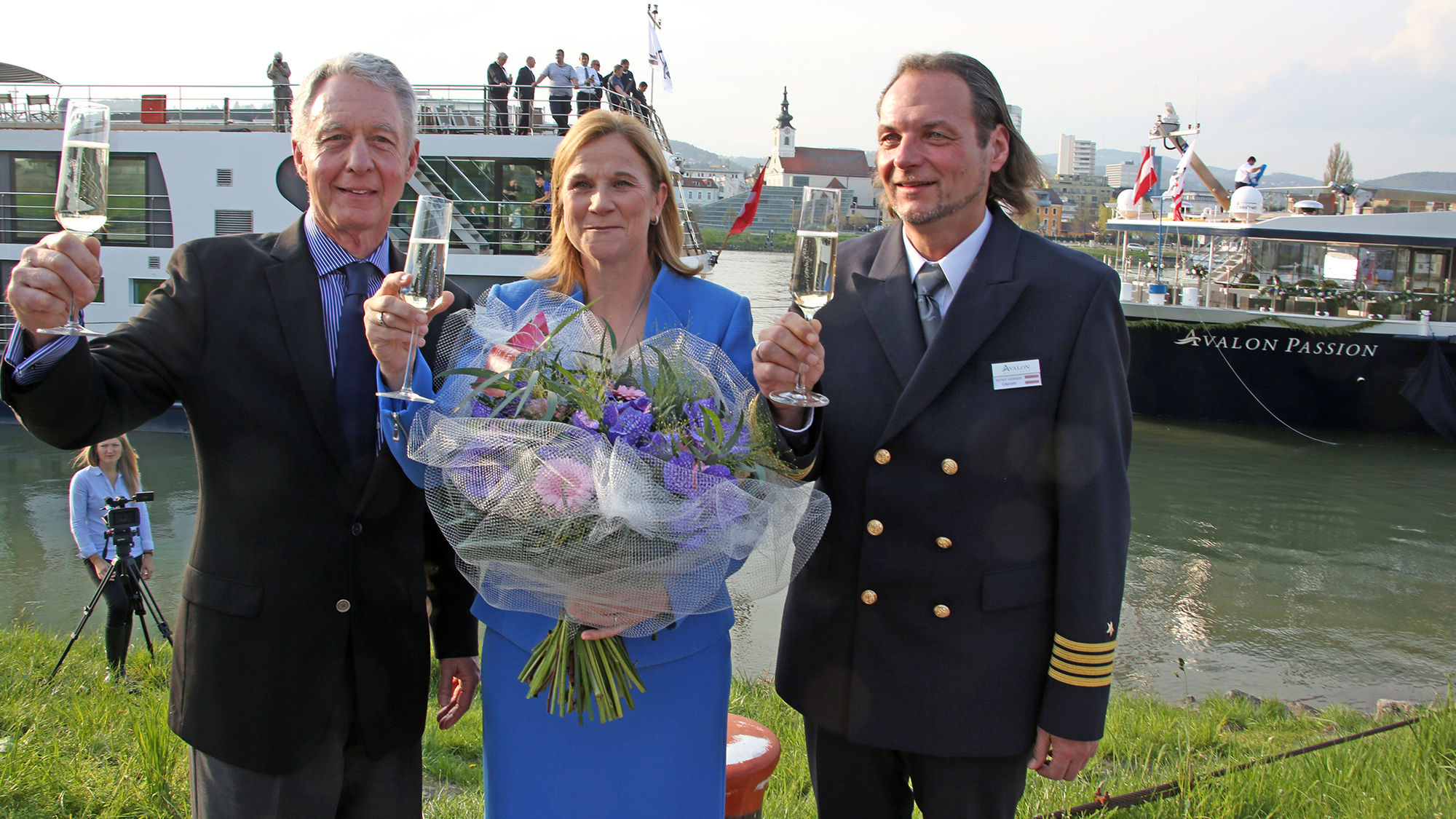 From left: Avalon Waterways managing director Patrick Clark; godmother Jill Ellis; and captain of the Avalon Passion, Peter Werner, at the Avalon Passion christening ceremony in Linz, Austria.