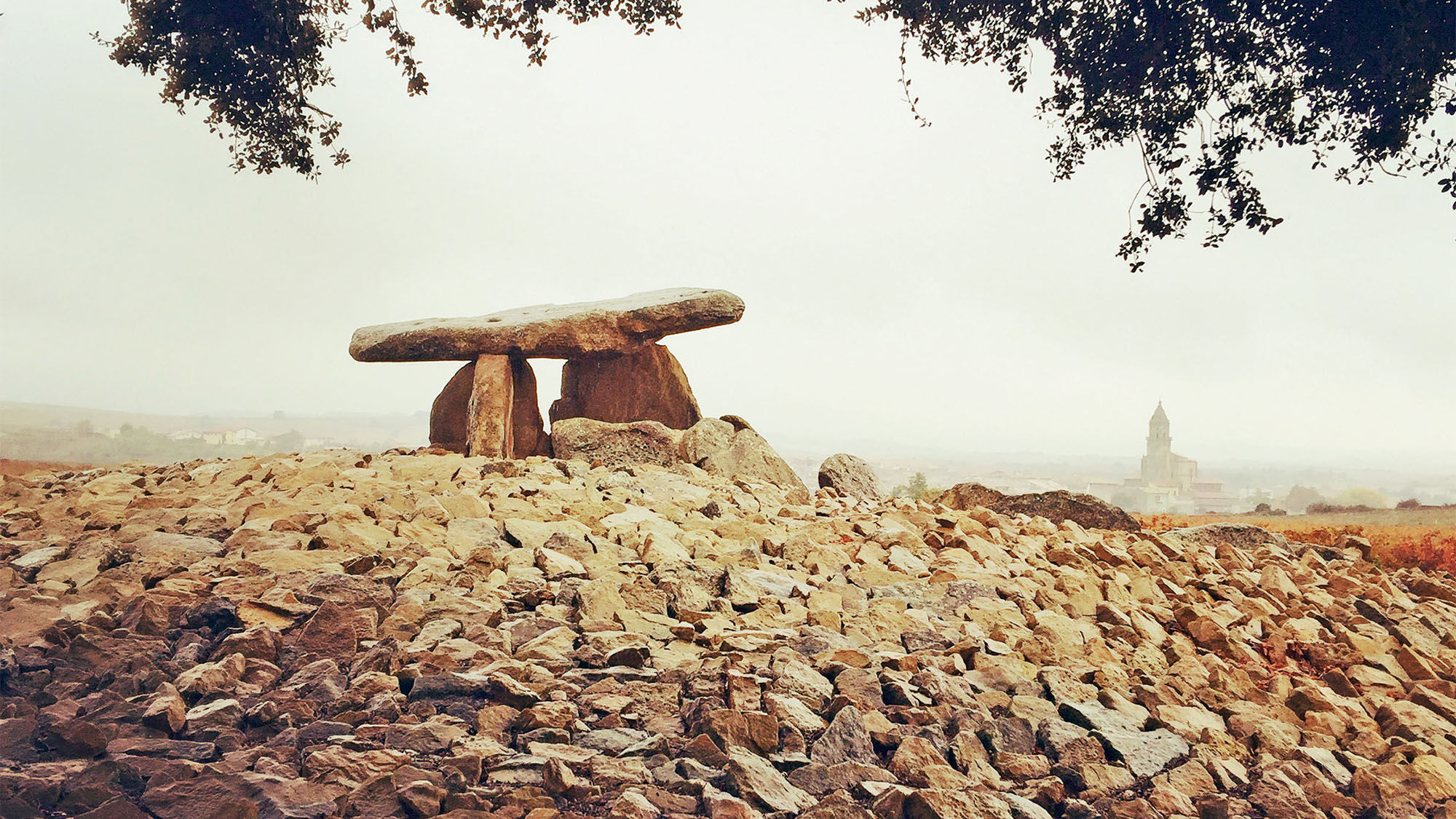The La Hechizera dolmen is an ancient burial structure in an empty pasture in Elvillar, Spain.