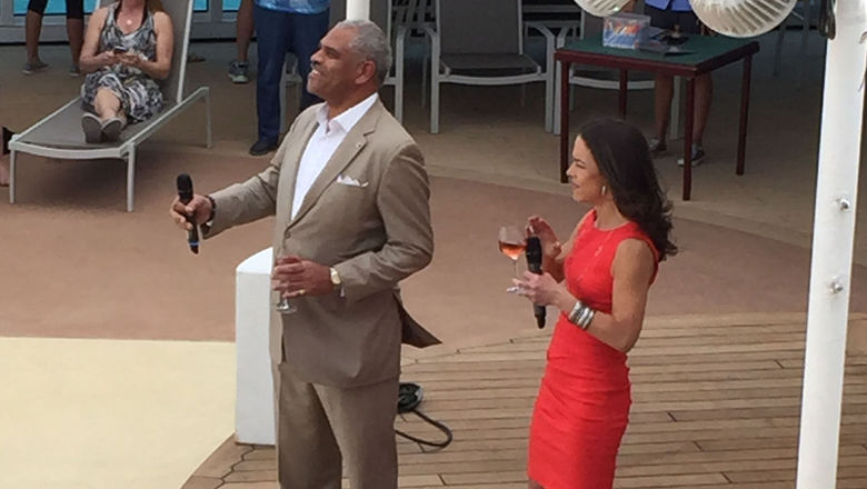 Carnival CEO Arnold Donald and Fathom president Tara Russell at the sail-away party on Fathom’s first voyage.