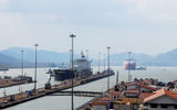 Ships transiting the Miraflores locks of the Panama Canal.