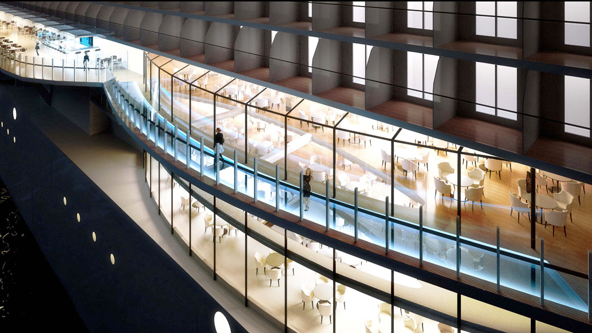 Catwalks that extend beyond the edge of the ship will have glass railings and a glass floor.