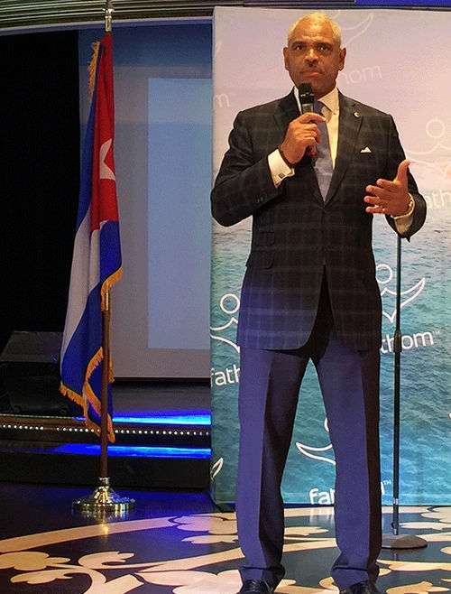 Carnival Corp. CEO Arnold Donald addresses the media ahead of the Adonia's departure.