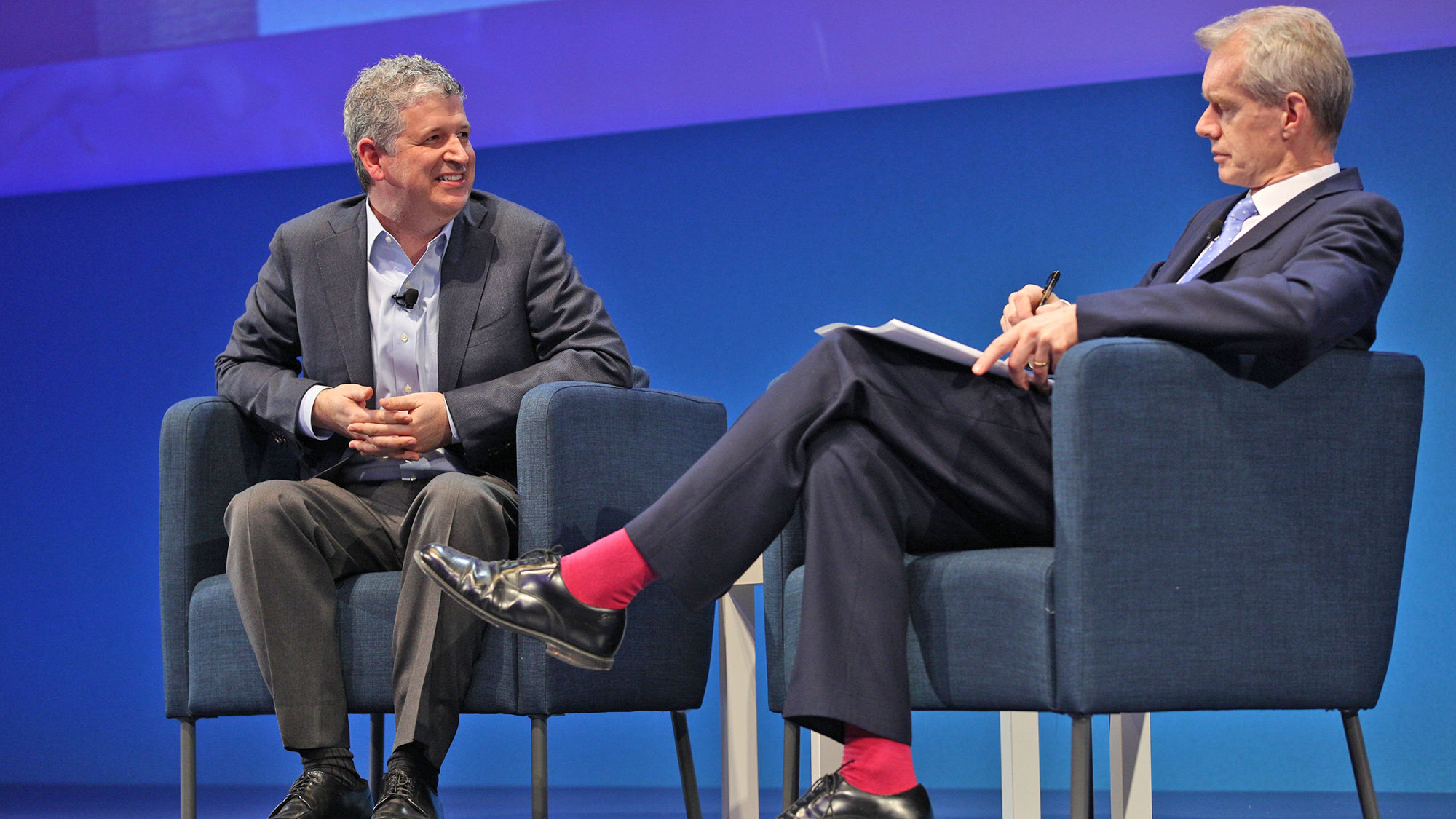 Former Priceline Group CEO Darren Huston, left, on stage at the World Travel and Tourism Council’s Global Summit in April with moderator Stephen Sackur, the host of BBC’s HARDTalk.