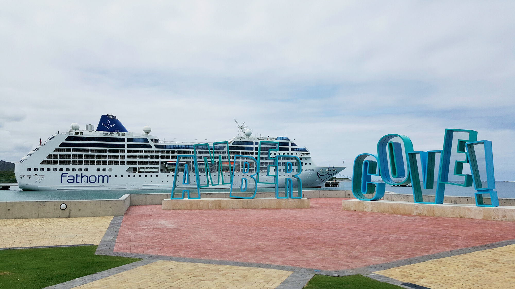 The Fathom ship Adonia docks at Carnival Corp.’s Amber Cove port in the Dominican Republic.