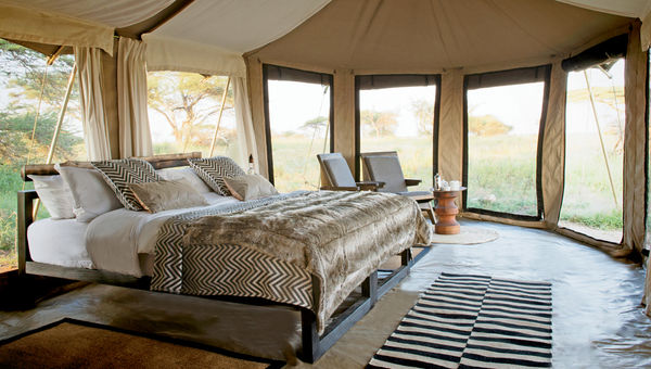 The bedroom interior of a tent at the Namiri Plains camp, in the eastern part of the Serengeti National Park.
