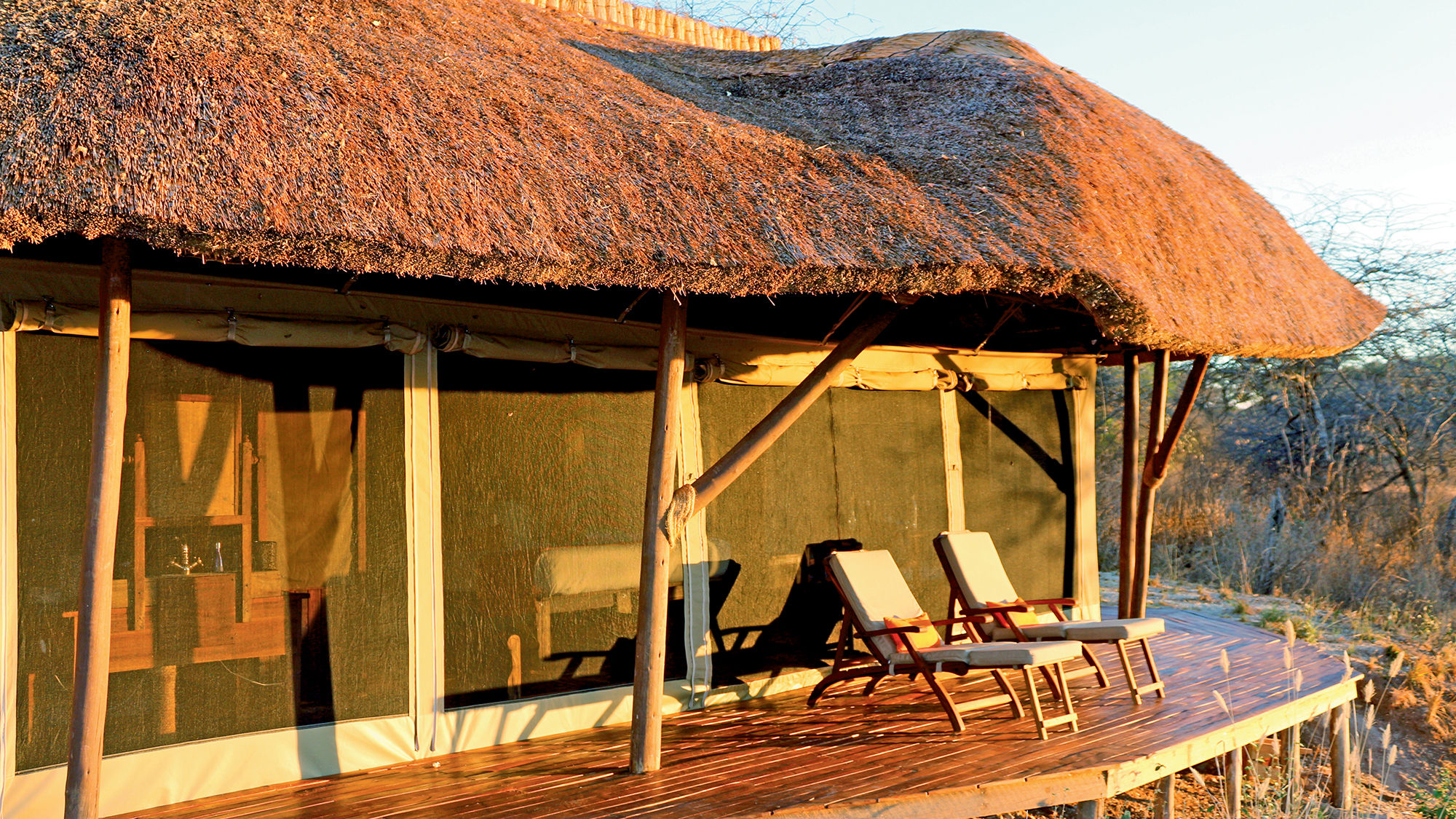 A veranda in front of a guest tent at Little Oliver’s, a camp located in a remote part of Tanzania’s Tarangire National Park.