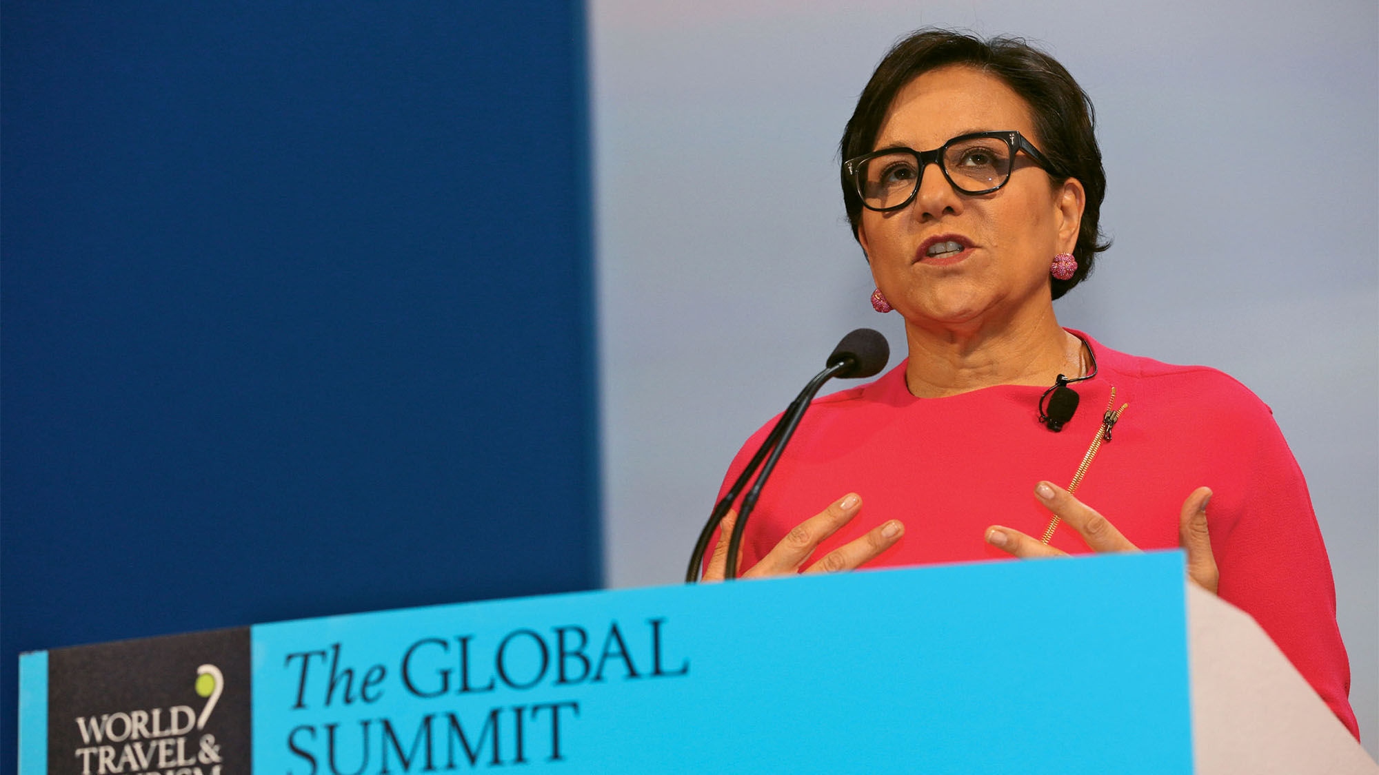 Penny Pritzker at the podium at the WTTC Global Summit in Dallas in April.