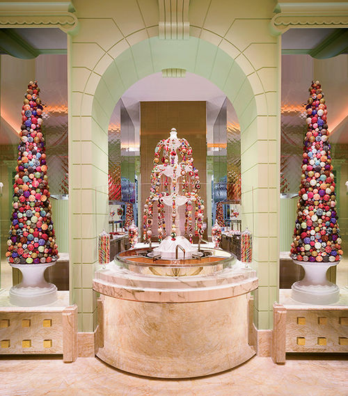 The three-way fountain at the Buffet at Wynn has milk, dark and white chocolate varieties. The three-way fountain at the Buffet at Wynn has milk, dark and white chocolate varieties.