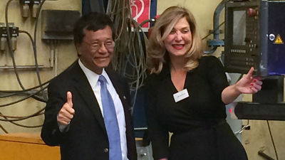 Genting Hong Kong CEO Tan Sri Lim Kok Thay and Crystal Cruises CEO Edie Rodriguez celebrate the initial steel-cutting for the first new Crystal river ship on Monday.