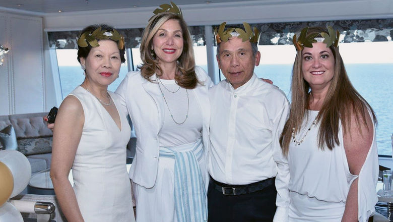 During the Crystal sales gala's Goddesses and Gladiators reception, from left, Cheng Hang, Nasa Cruises; Crystal CEO Edie Rodriguez;  Joseph Hang, Nasa Cruises; and Carmen Roig of Crystal.
