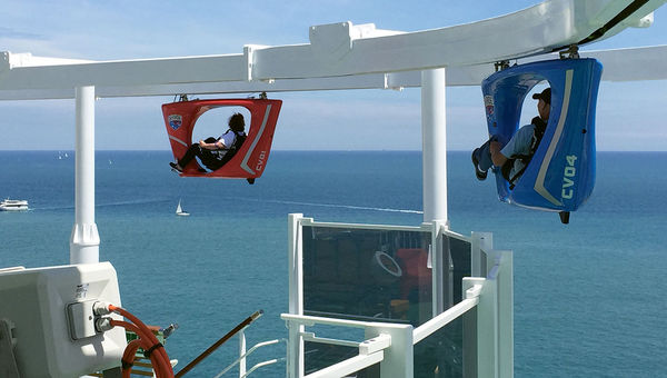 The dual track on SkyRide allows for companions to cycle together or friends to race the 800-foot circuit.