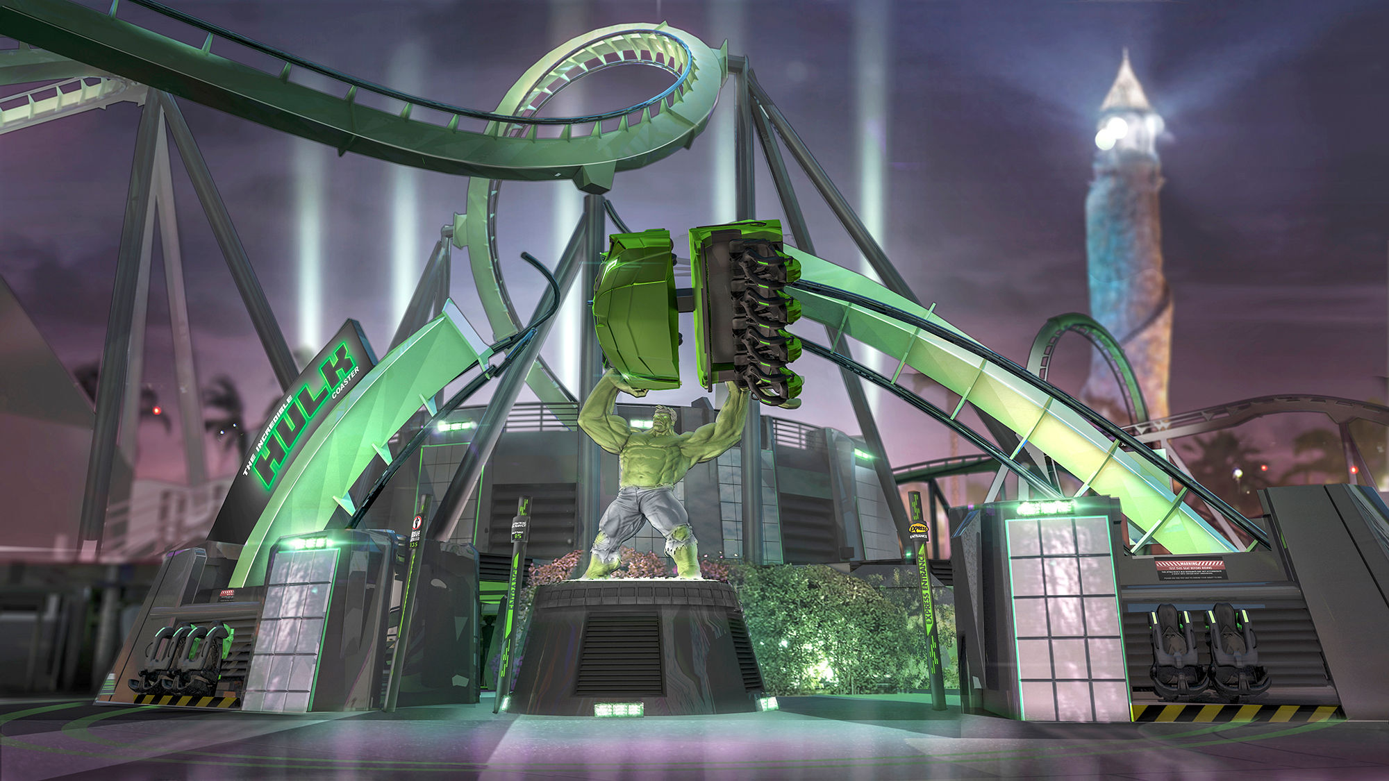 A rendering of the Incredible Hulk Roller Coaster at Universal Orlando's Islands of Adventure.
