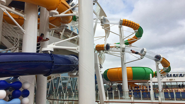 A guest braved the chill for a turn in one of the Perfect Storm waterslides. A guest braved the chill for a turn in one of the Perfect Storm waterslides.