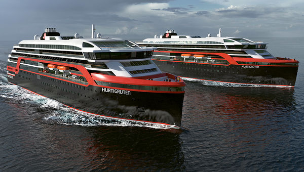 A rendering of two 600-passenger expedition ships to be built for Hurtigruten. A rendering of two 600-passenger expedition ships to be built for Hurtigruten.