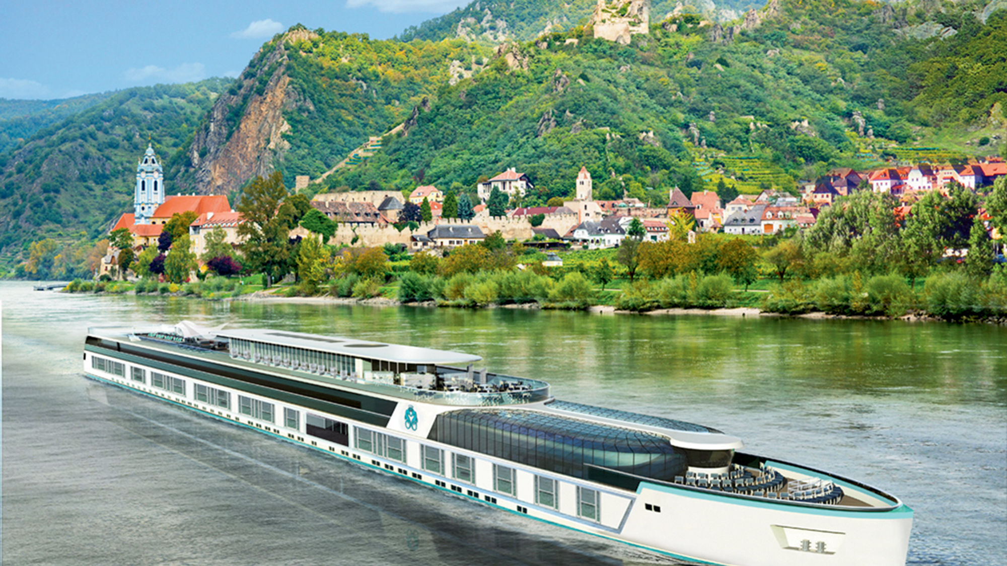 A rendering of one of Crystal’s forthcoming river yachts, which will feature excursions such as “flightseeing” tours on helicopters.