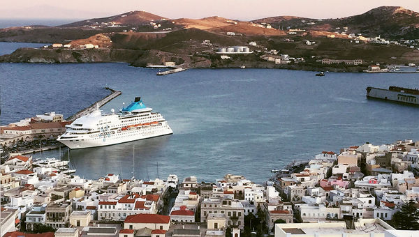 The Celestyal Crystal during its docking in Ermoupolis, Greece.