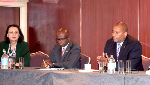 Karolin Troubetzkoy, president of the Caribbean Hotel and Tourism Association (CHTA); Hugh Riley, secretary general of the Caribbean Tourism Association (CTO), and Richard Sealy, CTO chairman address the media during CTO’s Caribbean Week event in New York last week. Karolin Troubetzkoy, president of the Caribbean Hotel and Tourism Association (CHTA); Hugh Riley, secretary general of the Caribbean Tourism Association (CTO), and Richard Sealy, CTO chairman address the media during CTO’s Caribbean Week event in New York last week.