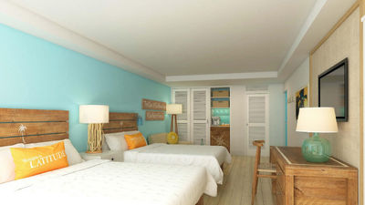 A rendering of a guestroom at Margaritaville Grand Cayman Beach Resort on Seven Mile Beach.