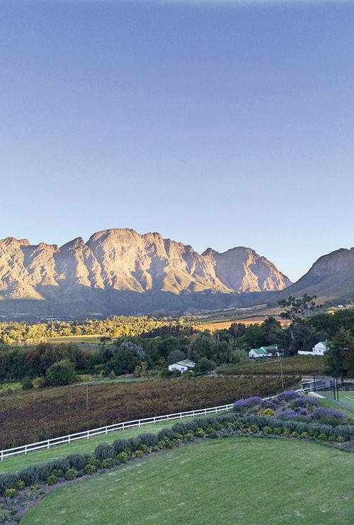 A view of South Africa’s Franschhoek valley from a suite at the Mont Rochelle Inn and vineyard.