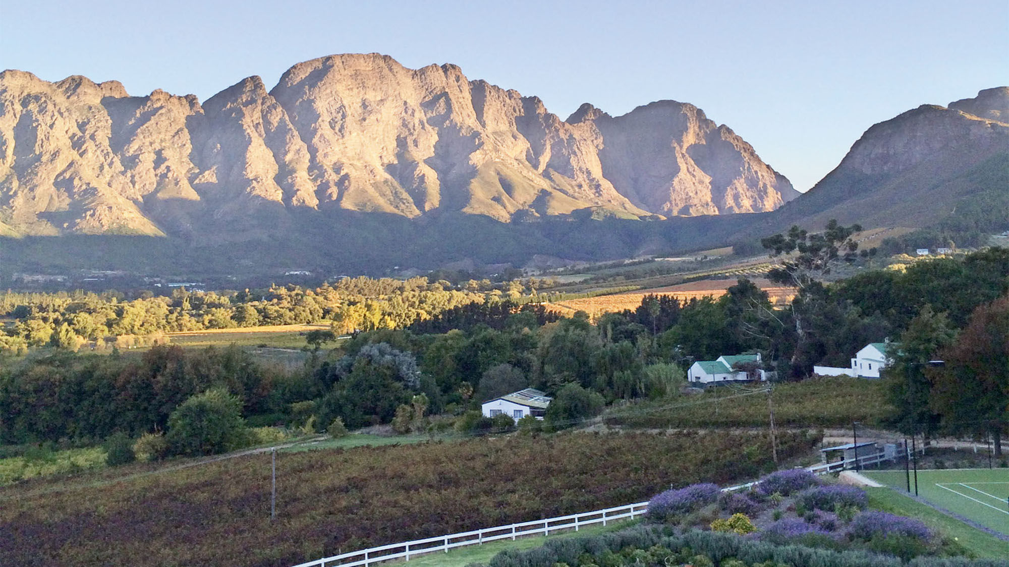 A view of South Africa’s Franschhoek valley from a suite at the Mont Rochelle Inn and vineyard.