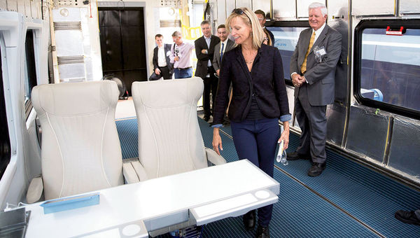 Brightline's Julie Edwards takes a look at prototypes of the seats that will be on Brightline trains. Brightline's Julie Edwards takes a look at prototypes of the seats that will be on Brightline trains.