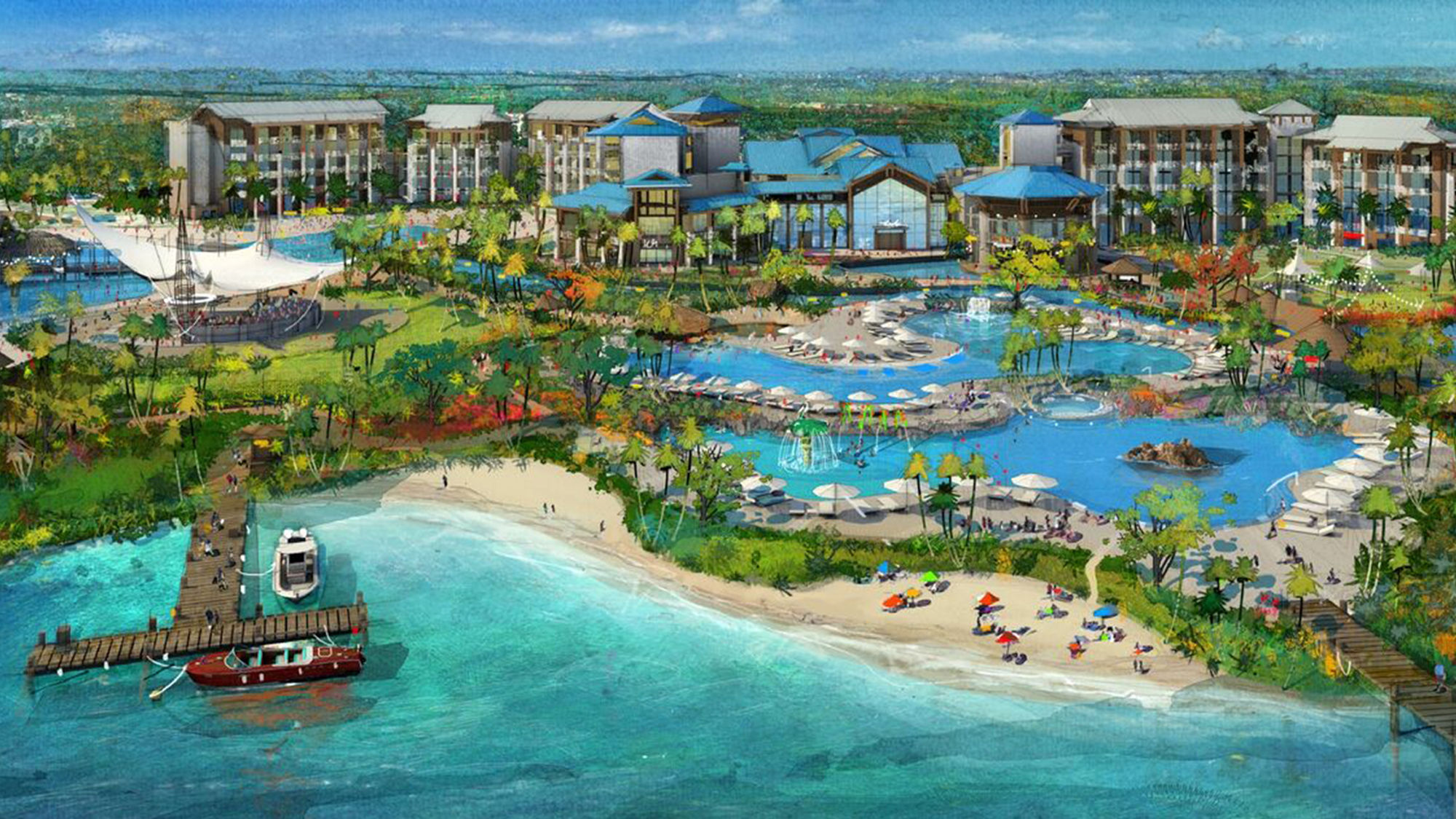 A rendering of the Margaritaville Resort Orlando hotel complex.