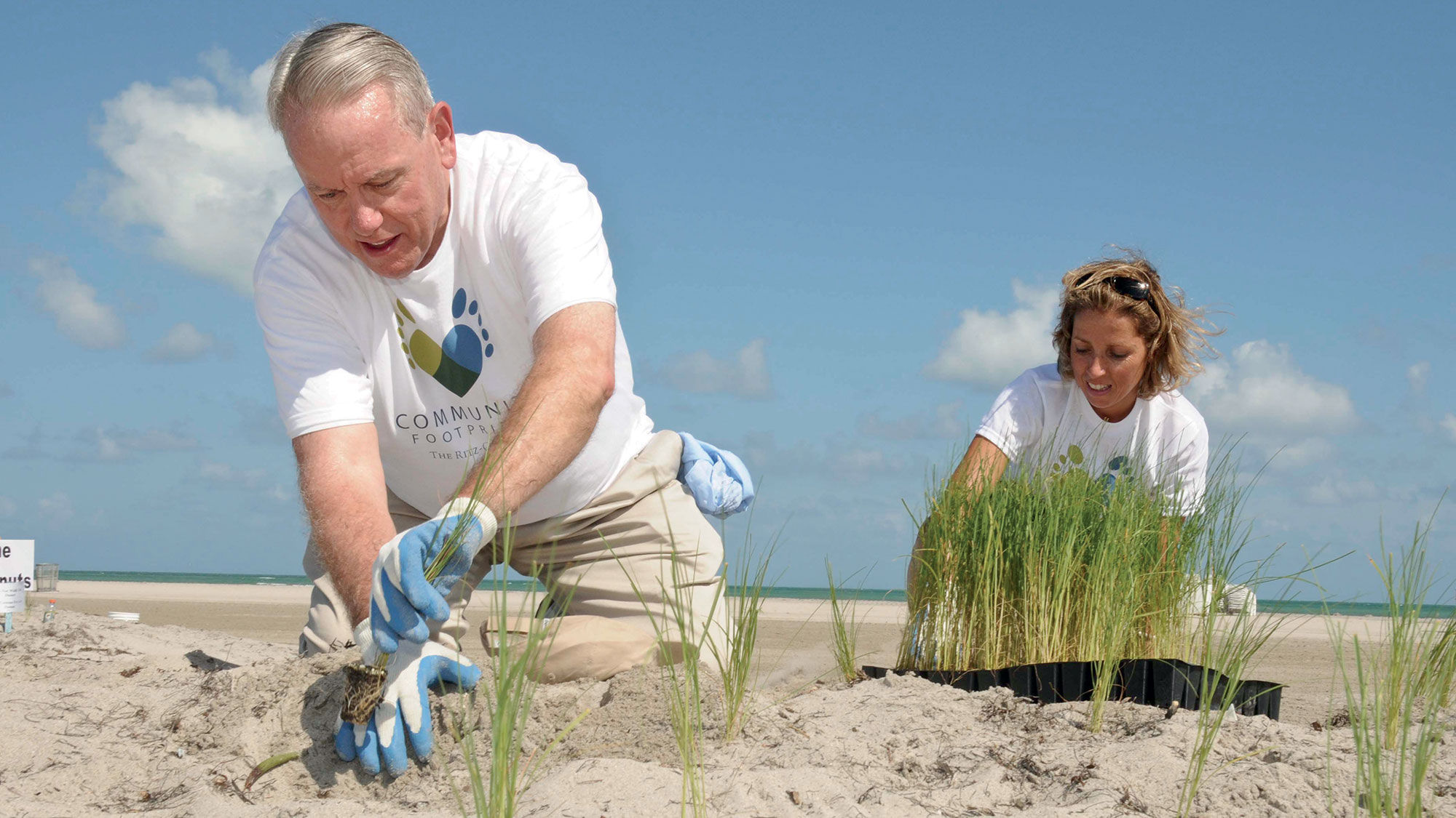 A guest from the Ritz-Carlton Key Biscayne plants beach grass at nearby Crandon Park.