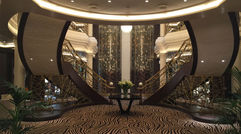 The 750-passenger Seven Seas Explorer, to be christened July 13, has been billed by Regent Seven Seas Cruises as 'the most luxurious ship ever built.' The lobby features this elaborate double staircase.