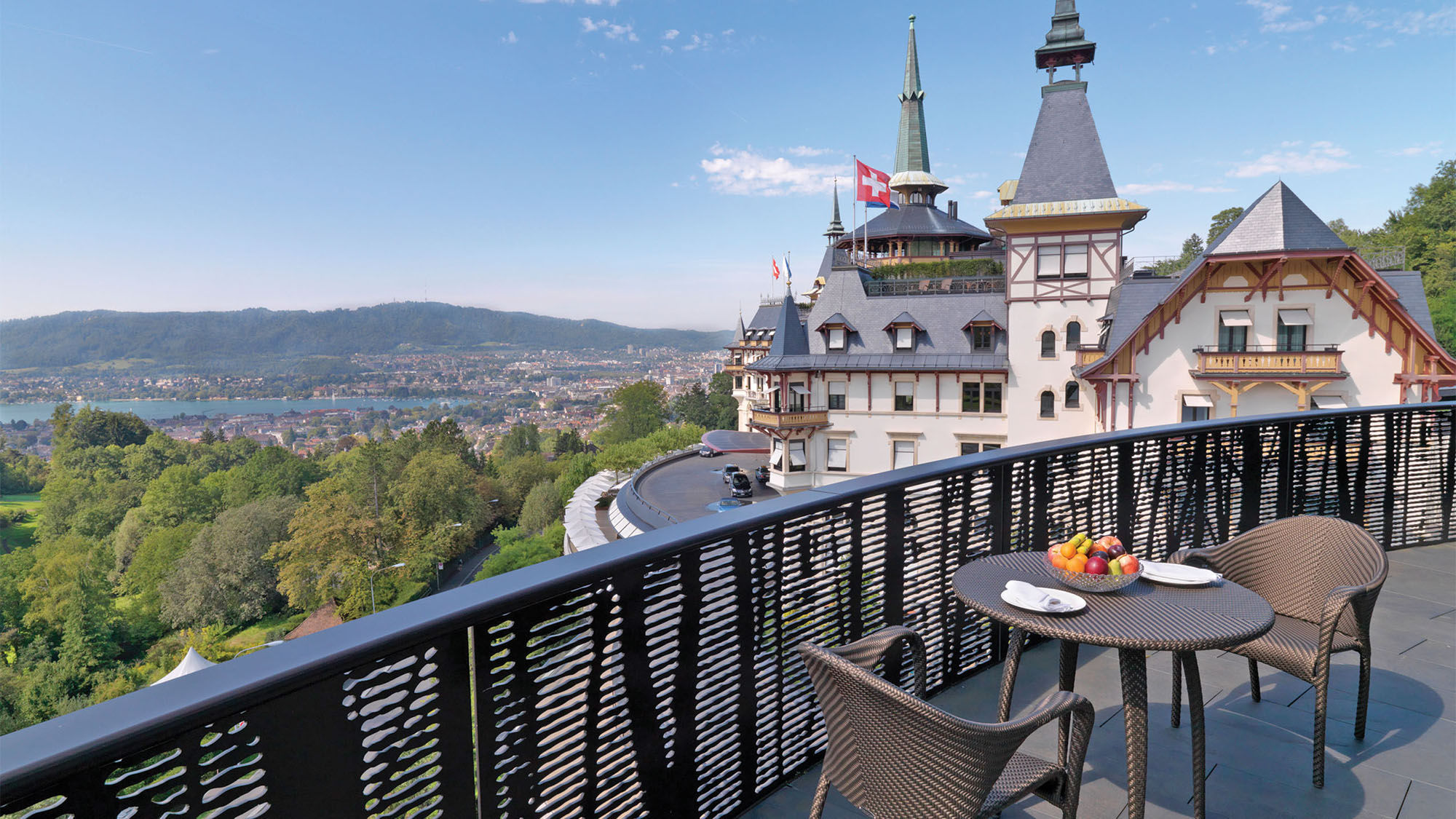 A terrace view at the Dolder Grand, located in Zurich’s Hottingen neighborhood.