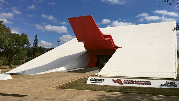 Ibirapuera Park features the triangle-shaped Ibirapuera Auditorium concert hall, which opened in 2005 and was designed by noted Brazilian architect Oscar Niemeyer.