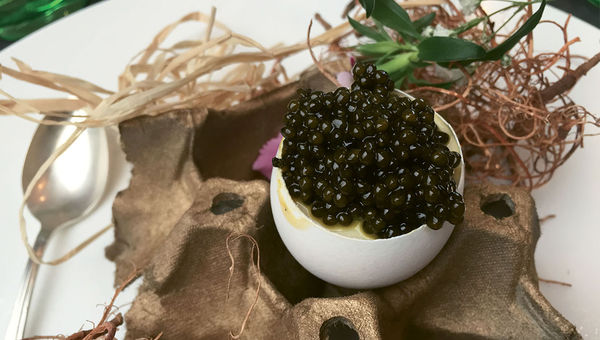 The christening dinner on the Crystal Mozart featured an egg filled with white asparagus custard, topped by caviar. The christening dinner on the Crystal Mozart featured an egg filled with white asparagus custard, topped by caviar.