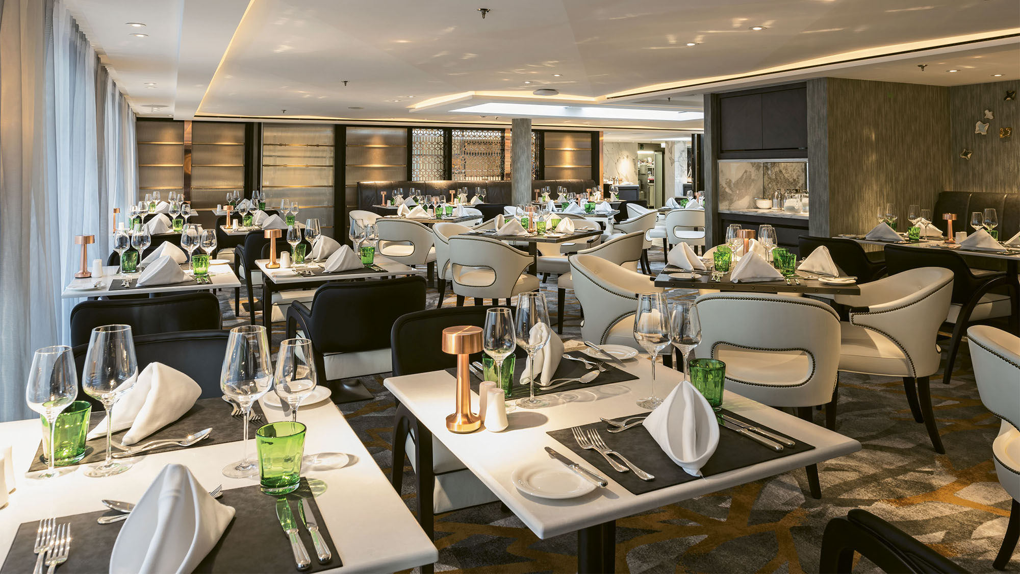 The Waterside restaurant aboard the Crystal Mozart, Crystal Cruises’ first river vessel.