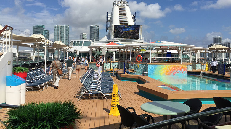 Royal Caribbean International recently spent $50 million to refurbish the Empress of the Seas. It originally joined Royal in 1989 as the Nordic Empress and had been sailing for Pullmantur until earlier this year. The 1,602-passenger ship is currently doing 4- and 5-day Caribbean cruises from Miami through Oct. 29, but Royal expects to use it for cruises to Cuba once the Cuban government gives permission. Shown here is the pool deck.
