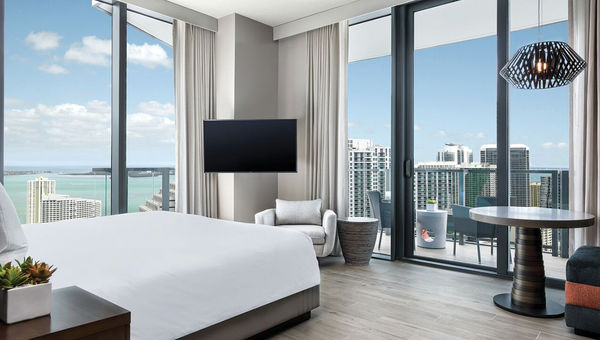 A king bedroom at East Miami offers spectacular views. A king bedroom at East Miami offers spectacular views.