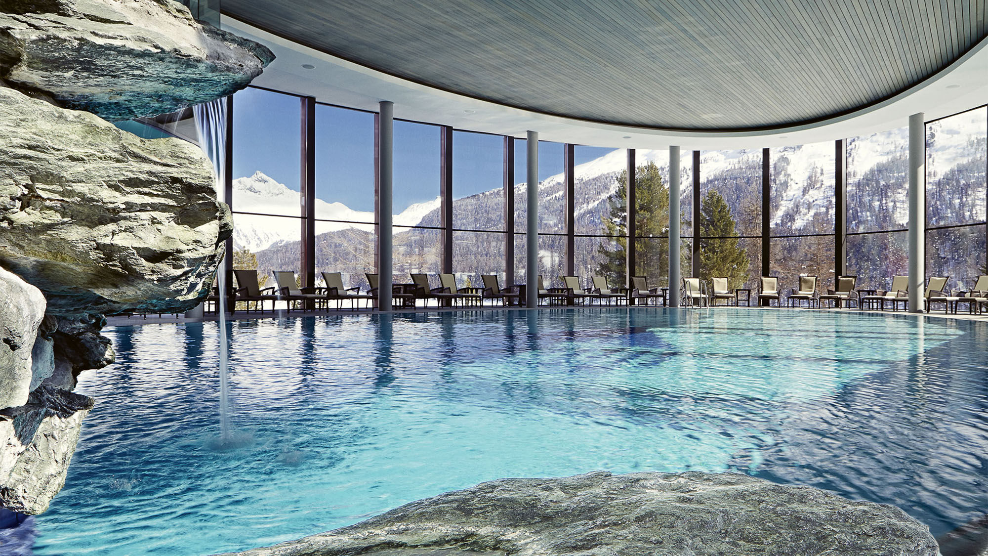 The Palace Wellness center at Badrutt’s Palace Hotel has an expansive indoor/outdoor pool to go with a whirlpool, saunas, steam rooms, an ice room, a mist room and a hot tub.