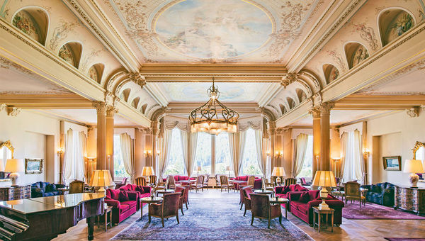 The lobby of the Grand Hotel Kronenhof, built in 1848 and located in Pontresina, six miles from St. Moritz. The lobby of the Grand Hotel Kronenhof, built in 1848 and located in Pontresina, six miles from St. Moritz.