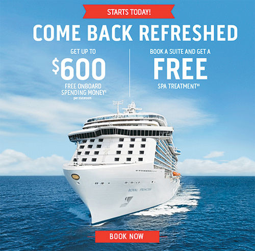 A promotion from Princess Cruises offers a $600 onboard credit plus a free spa treatment for suite bookings. A promotion from Princess Cruises offers a $600 onboard credit plus a free spa treatment for suite bookings.