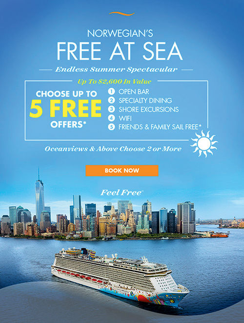 A Norwegian Cruise Line promotion offers a choice of up to five free offers. A Norwegian Cruise Line promotion offers a choice of up to five free offers.