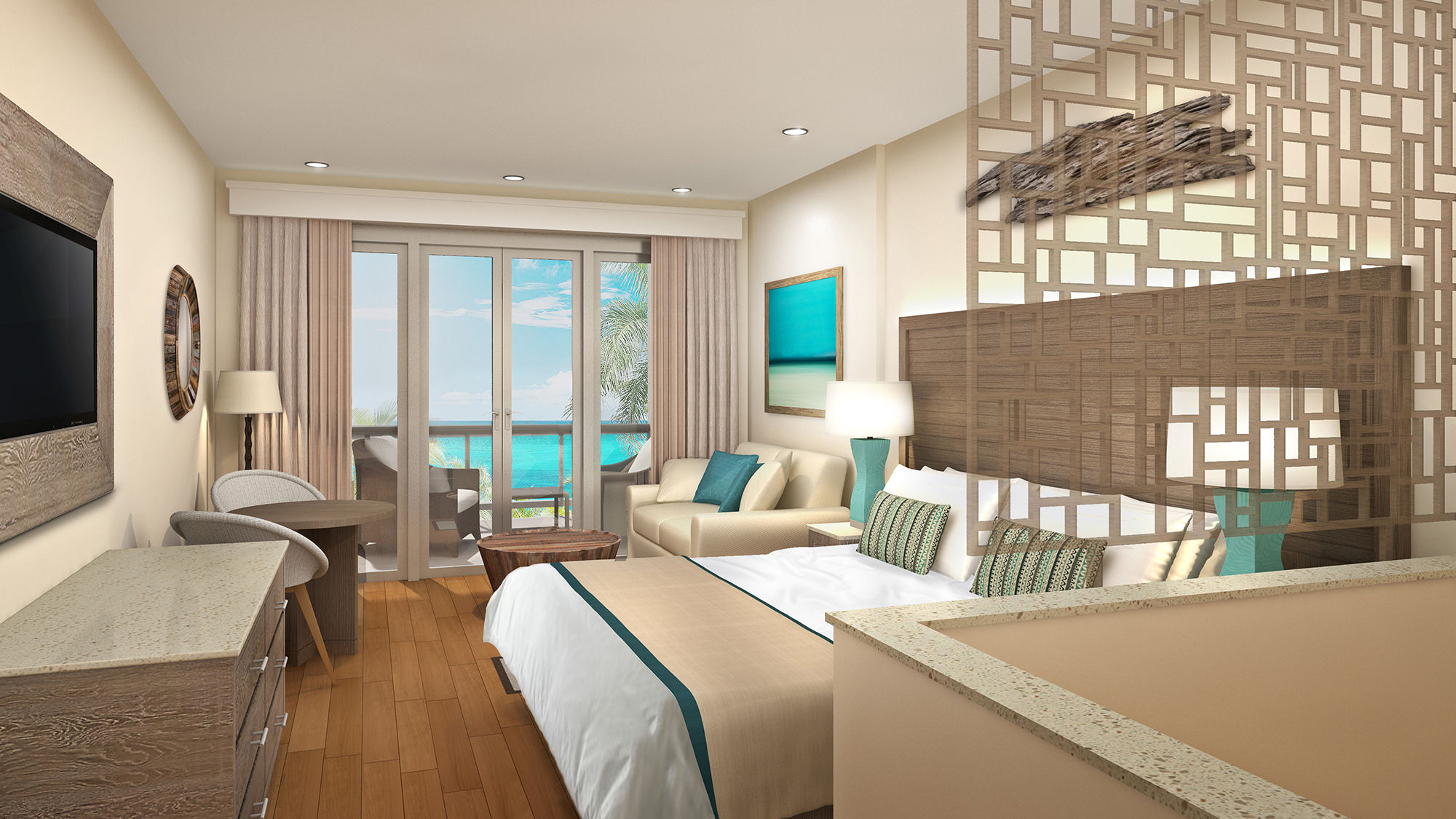 A guestroom at the Waves Hotel & Spa.