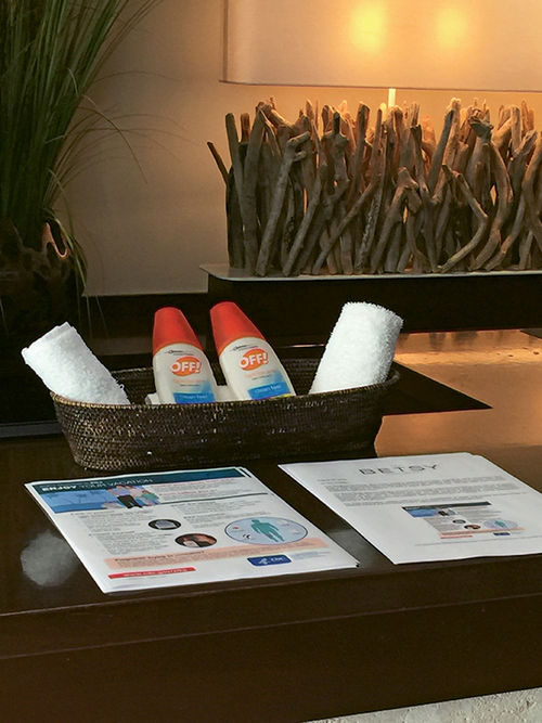 Mosquito spray sits alongside information about the virus at the Betsy Hotel on Ocean Drive. Mosquito spray sits alongside information about the virus at the Betsy Hotel on Ocean Drive.
