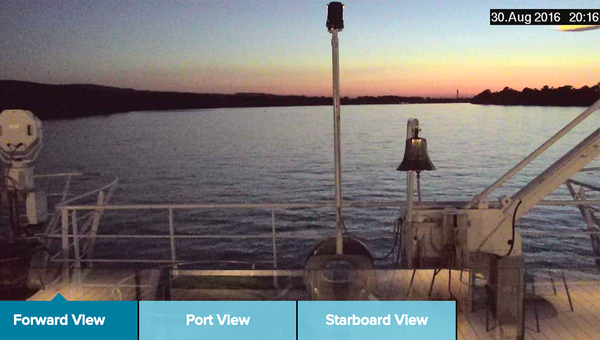 Cameras aboard the Crystal Mozart document the ship's starboard, port and forward views for display on the Crystal Cruises website. Cameras aboard the Crystal Mozart document the ship's starboard, port and forward views for display on the Crystal Cruises website.