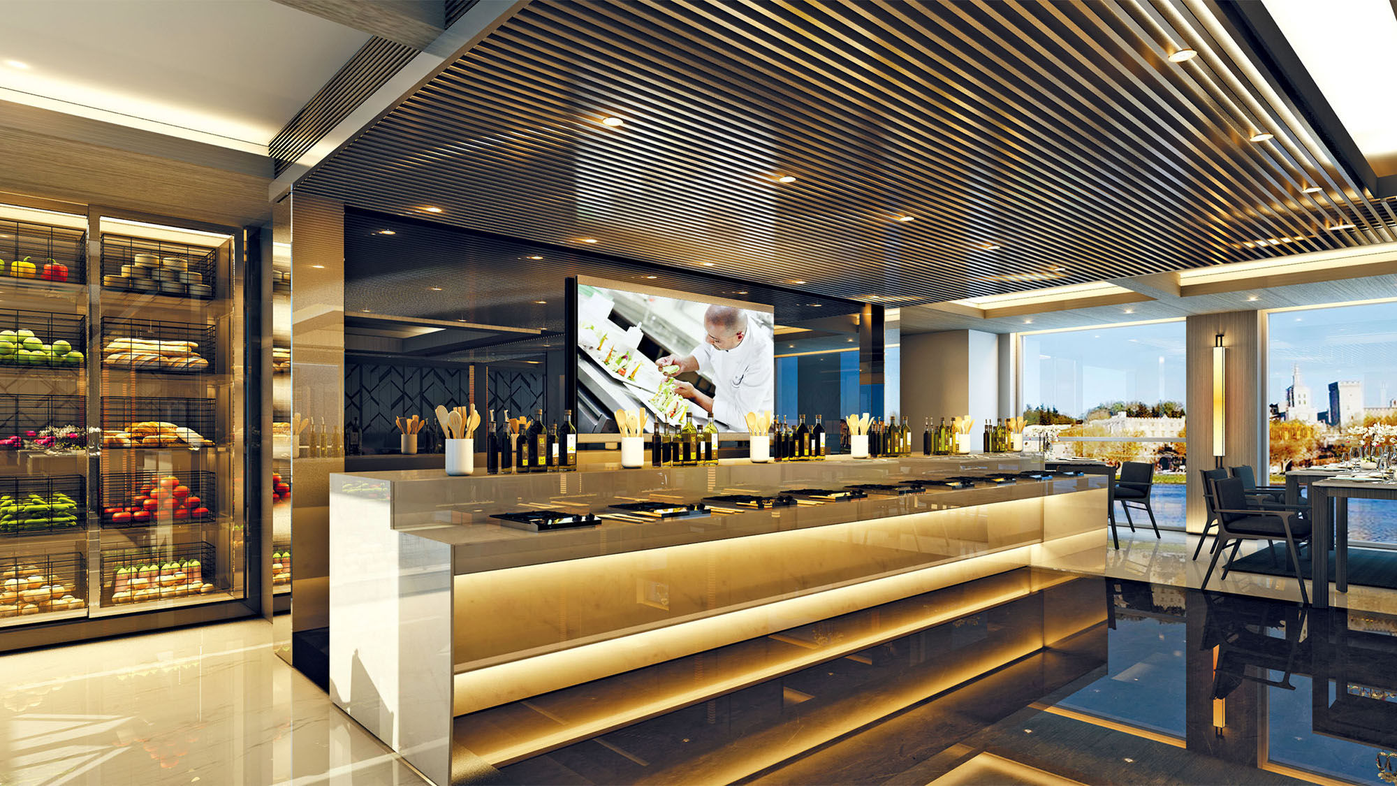 A rendering of Scenic Culinaire, a dedicated space that will be added to the Scenic Diamond and the Scenic Sapphire for daily cooking classes for 10 guests at a time.