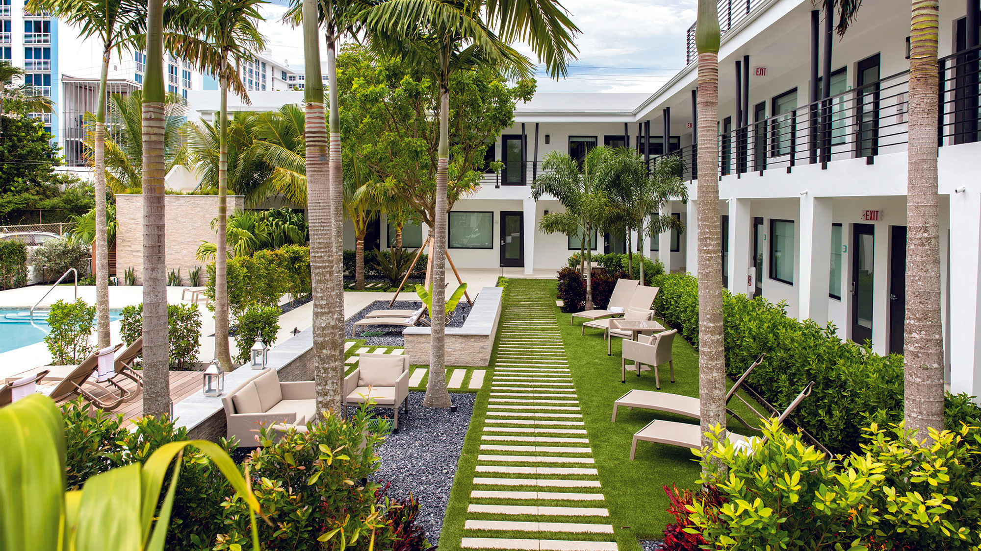 The pool and garden at the boutique Ikona Hotel on Fort Lauderdale Beach.