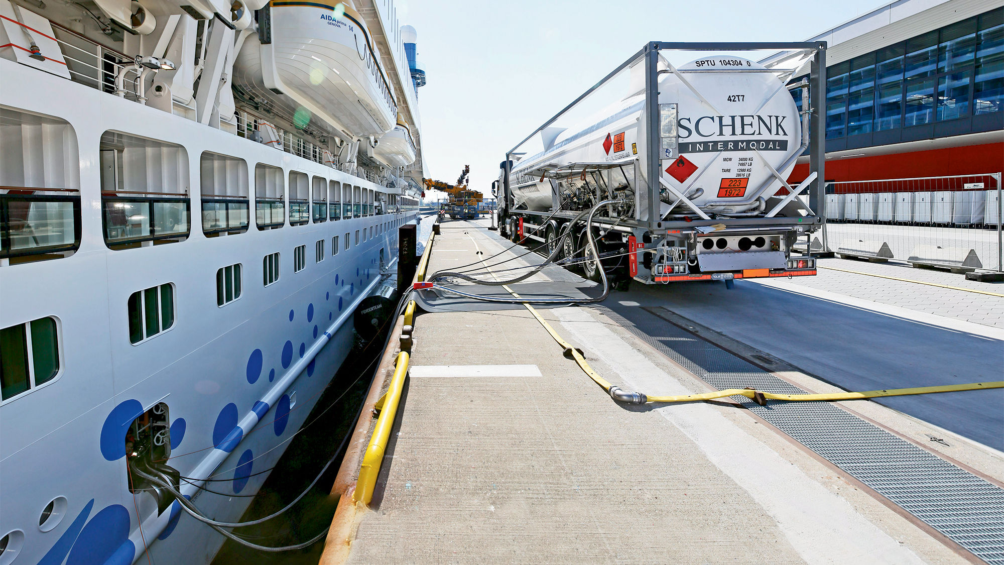 The AidaPrima being fueled with liquefied natural gas (LNG) in Hamburg, Germany.