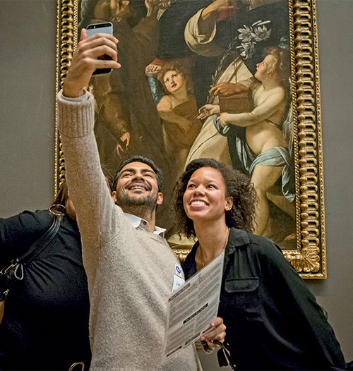 Group members take a selfie during a scavenger hunt that’s part of a Museum Hack tour. Group members take a selfie during a scavenger hunt that’s part of a Museum Hack tour.